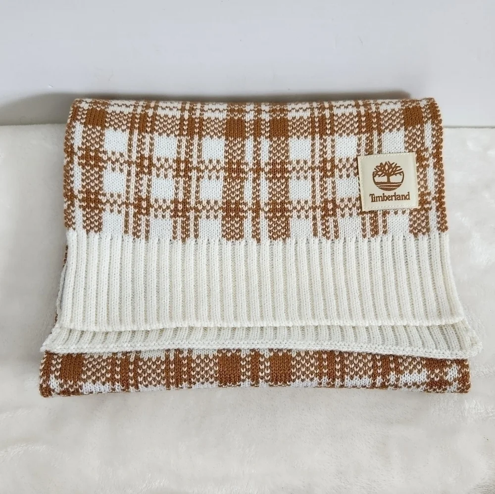 Timberland Wheat Mustard Yellow White Plaid Knit Acrylic Scarf Unisex